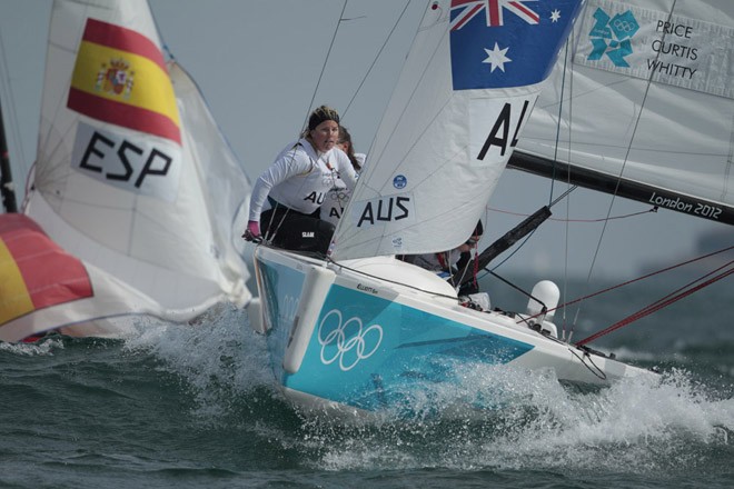 Olivia Price, Nina Curtis and Lucinda Whitty (AUS) who won the Silver Medal  Women’s Match Racing (Elliott 6M) event in The London 2012 Olympic Sailing Competition. © onEdition http://www.onEdition.com